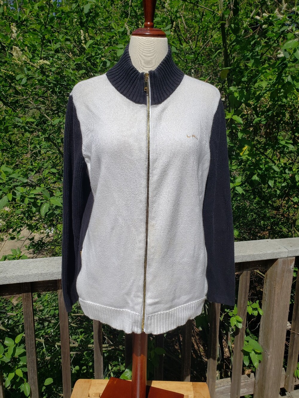 Lauren Ralph Lauren  Classic Gold-Yone Zip Front Women's Cardigan - Cream & Navy